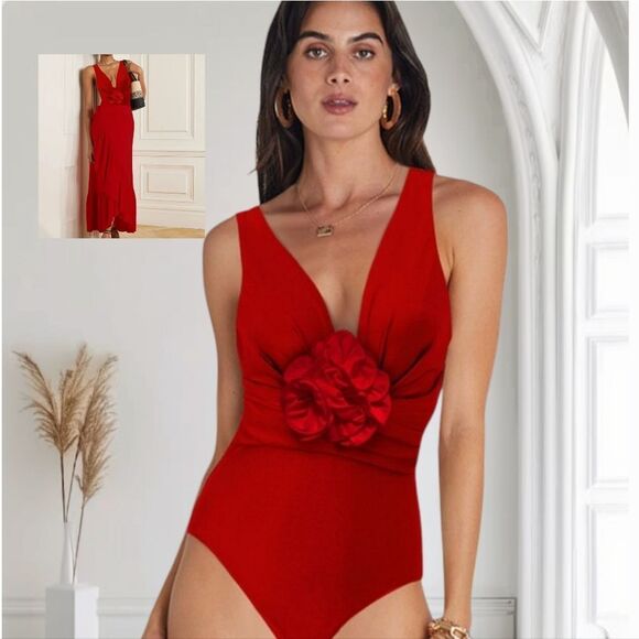 🌹New Elegant Red Plunge One Piece Swimsuit with Floral Detail - Picture 1 of 16